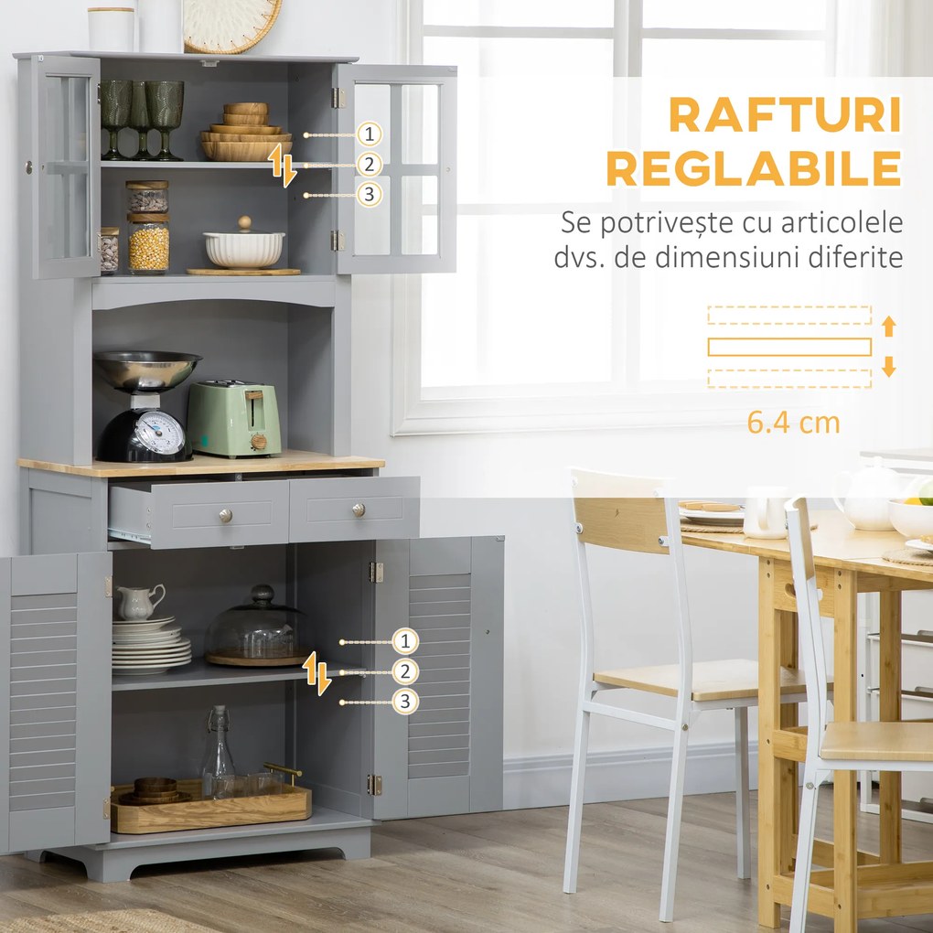 HOMCOM Bufet pentru bucatarie, Mobilier din lemn, dulap de bucatarie in stil clasic, Gri, 68x39.5x170cm | Aosom Romania