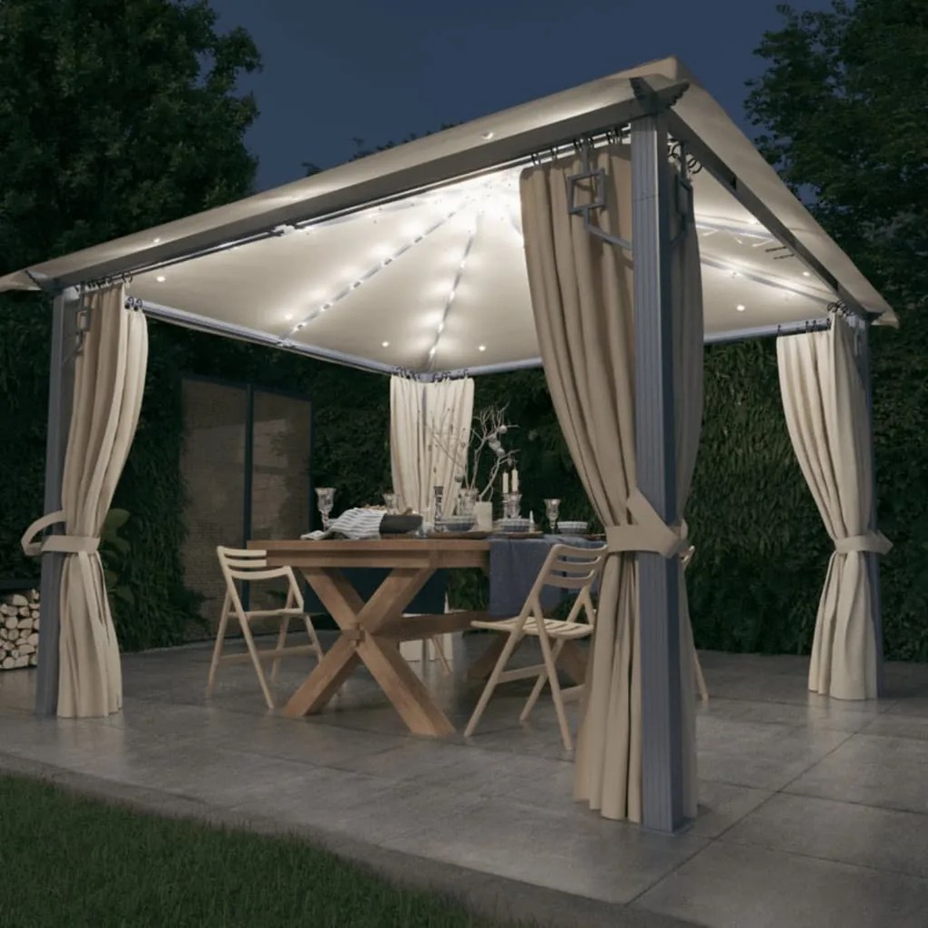 Pavilion cu perdele  siruri lumini LED, crem, 3x3 m, aluminiu Crem, 300 x 300 cm