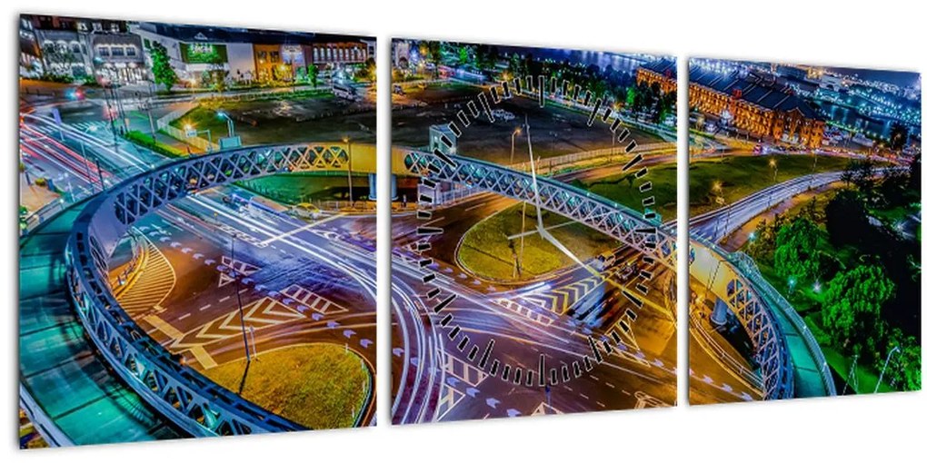 Tablou panorama orașului nocturn (cu ceas) (90x30 cm)