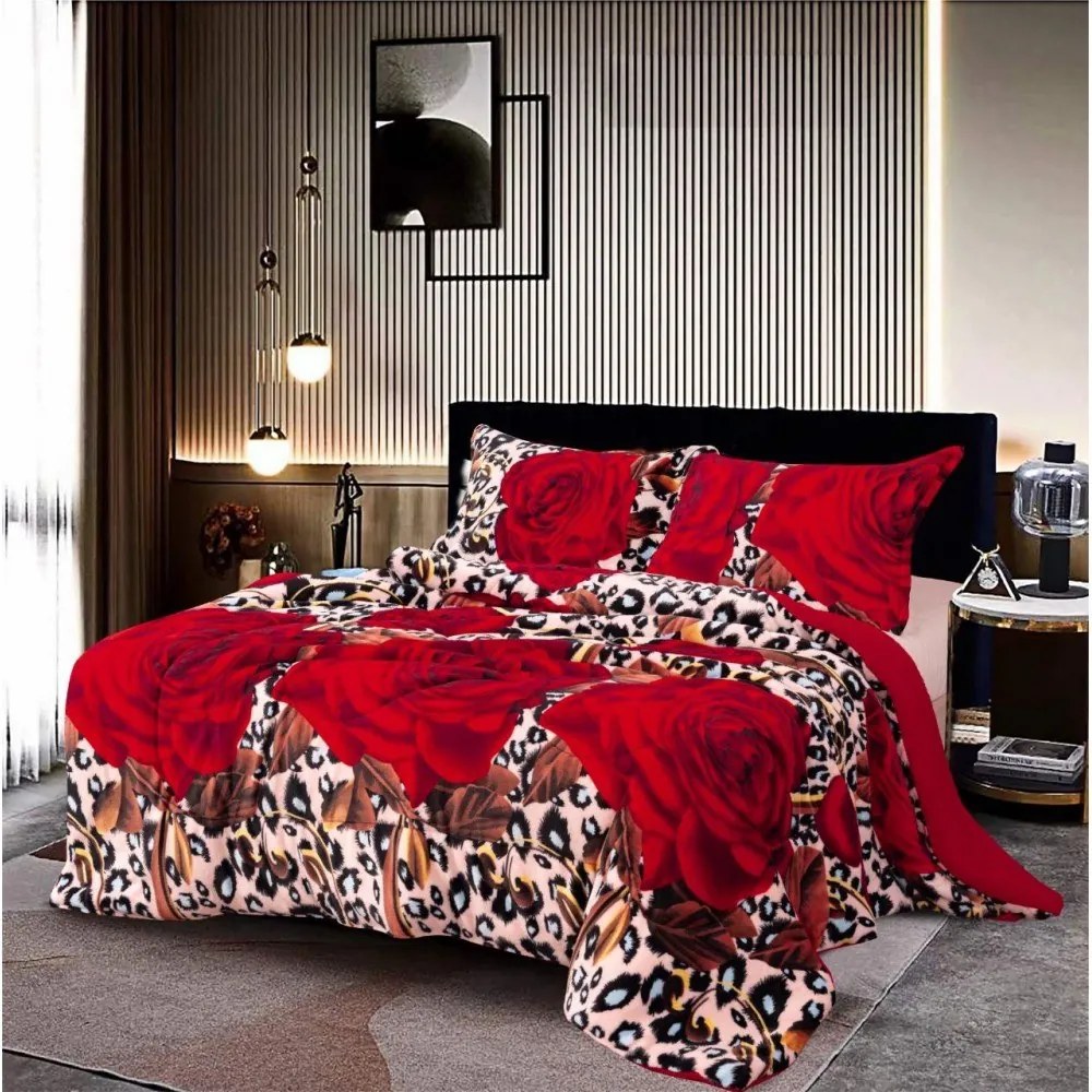 Lenjerie pat dublu  Super Pufoasa COCOLINO  4 piese  Crem  Maro  Roșu  animal print  trandafiri