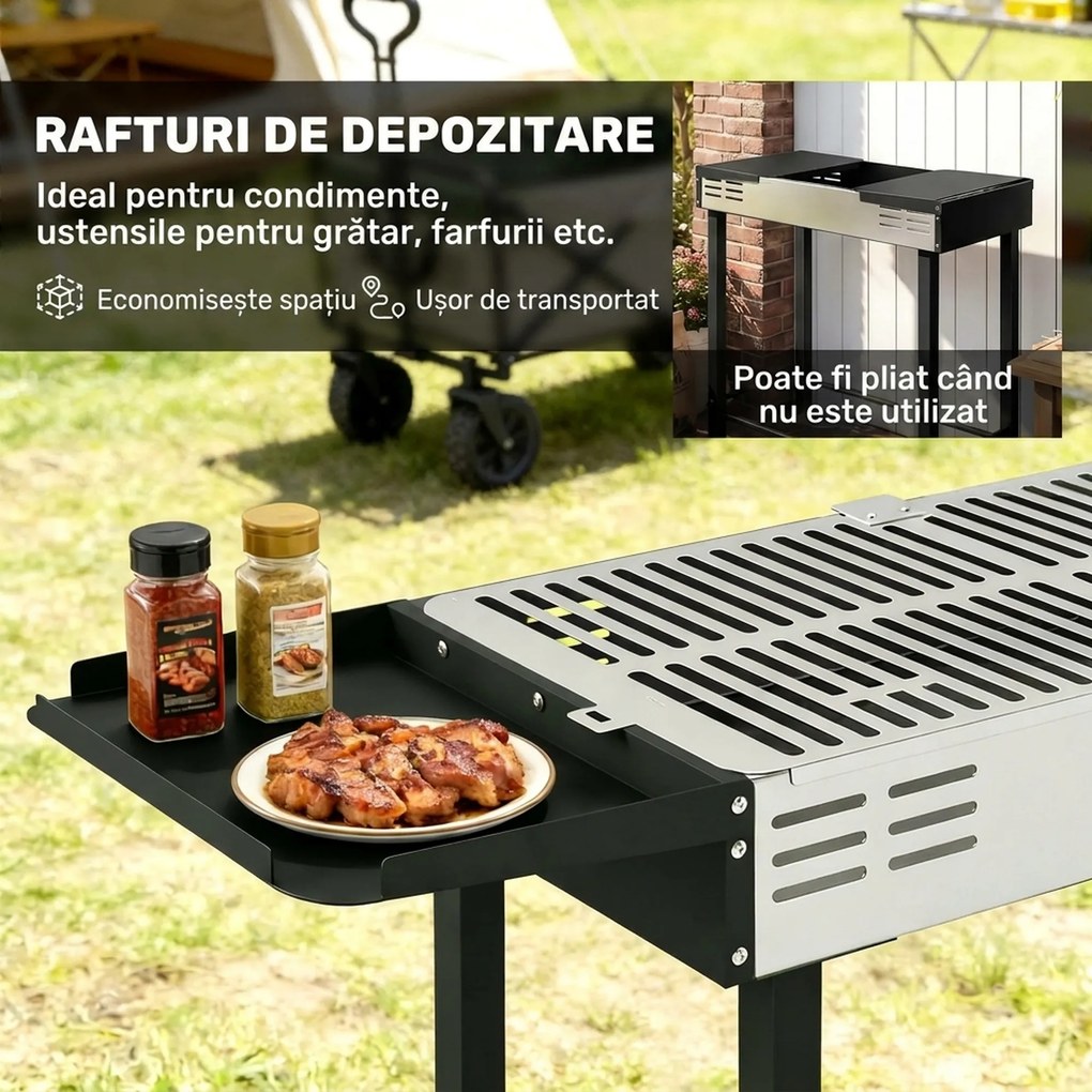 Outsunny BBQ Rotisserie Grill Charcoal Split Roaster for Chicken Turkey 3-Level Grill Grate, Storage Shelves, Stainless Steel | Aosom Romania