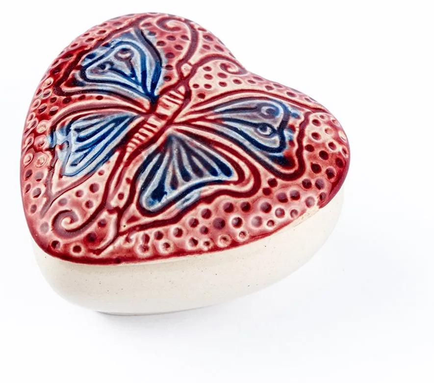 Cutie bijuterii din ceramica, inima rosie, detaliu fluture