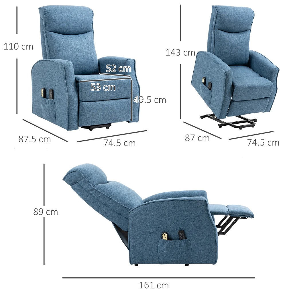 HOMCOM Fotoliu Recliner cu 8 Puncte de Masaj, Rabatabil la 135° cu Suport pentru Picioare, 74,5x87,5x110 cm, Albastru | Aosom Romania