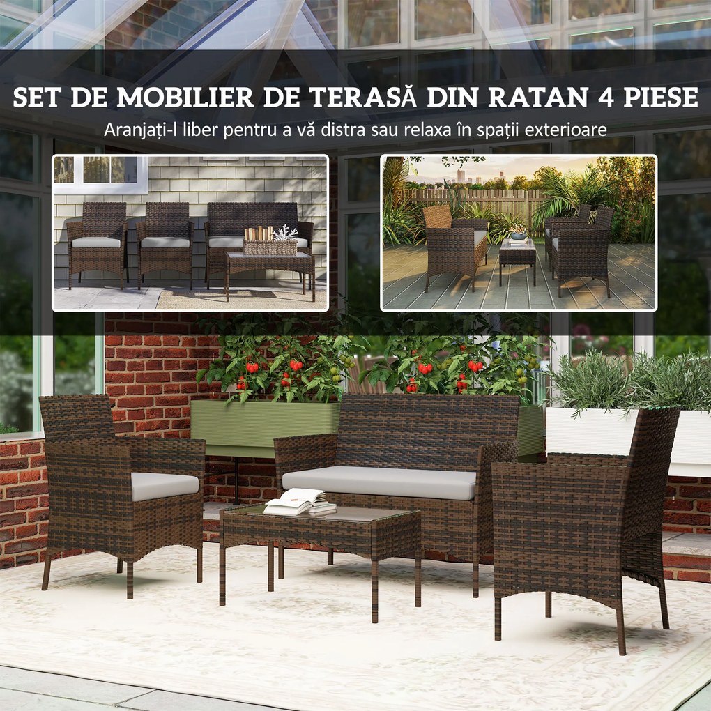 Outsunny Set Mobilier de Grădină din 4 Piese cu Canapea, 2 Fotolii și Măsuță de Cafea, 102x58x82 cm, Maro | Aosom Romania
