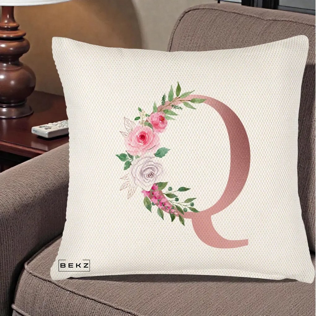Cadou Personalizat - Perna Personalizata Monograma Rose Gold Litera Q, 40x40 cm, Crem Reliefat, Husa Detasabila, Perna Inclusa, BEKZ®