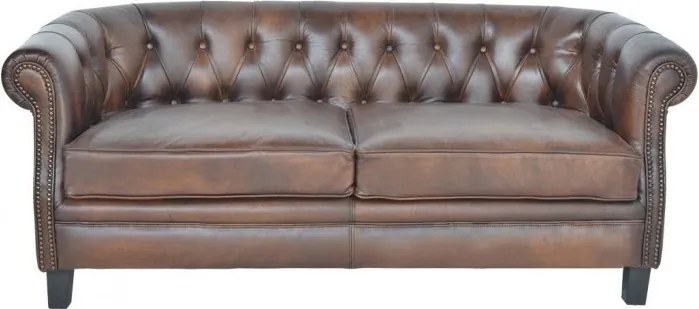 Canapea Chesterfield 2 locuri din piele naturală maro, cu spătar capitonat și ținte decorative, aspect vintage, 66 x 155 x 79 cm, „Chesterino”