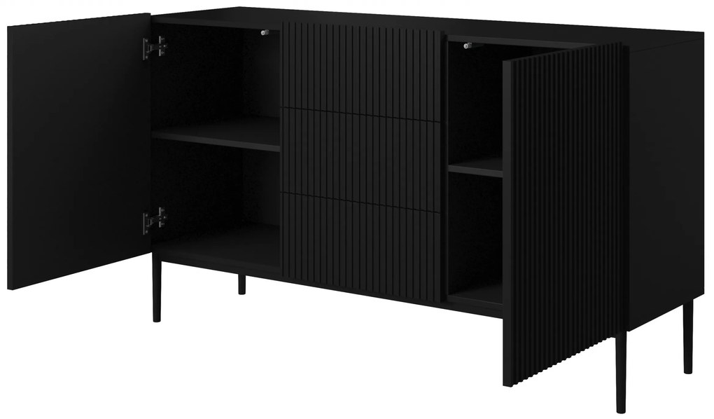 Comoda Nicole 150 cm cu trei sertare - negru mat / picioare negre