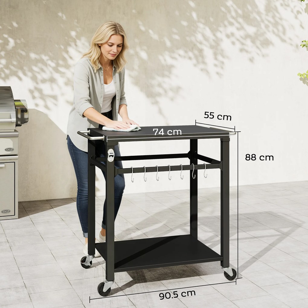 Outsunny Servantă de grădină cărucior de grătar pe roți cu cârlige, mânere, roți blocabile, 90,5x55x88 cm, negru | Aosom Romania