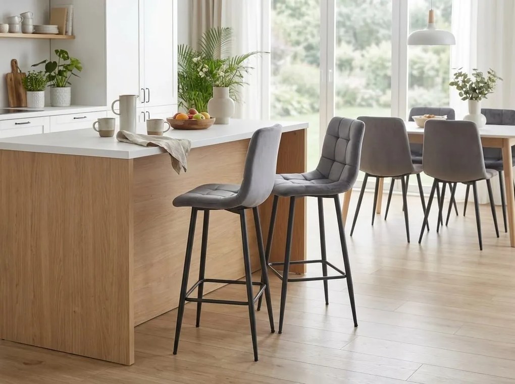 Scaun de bar ARCETO VELVET cu picioare negre, gri inchis