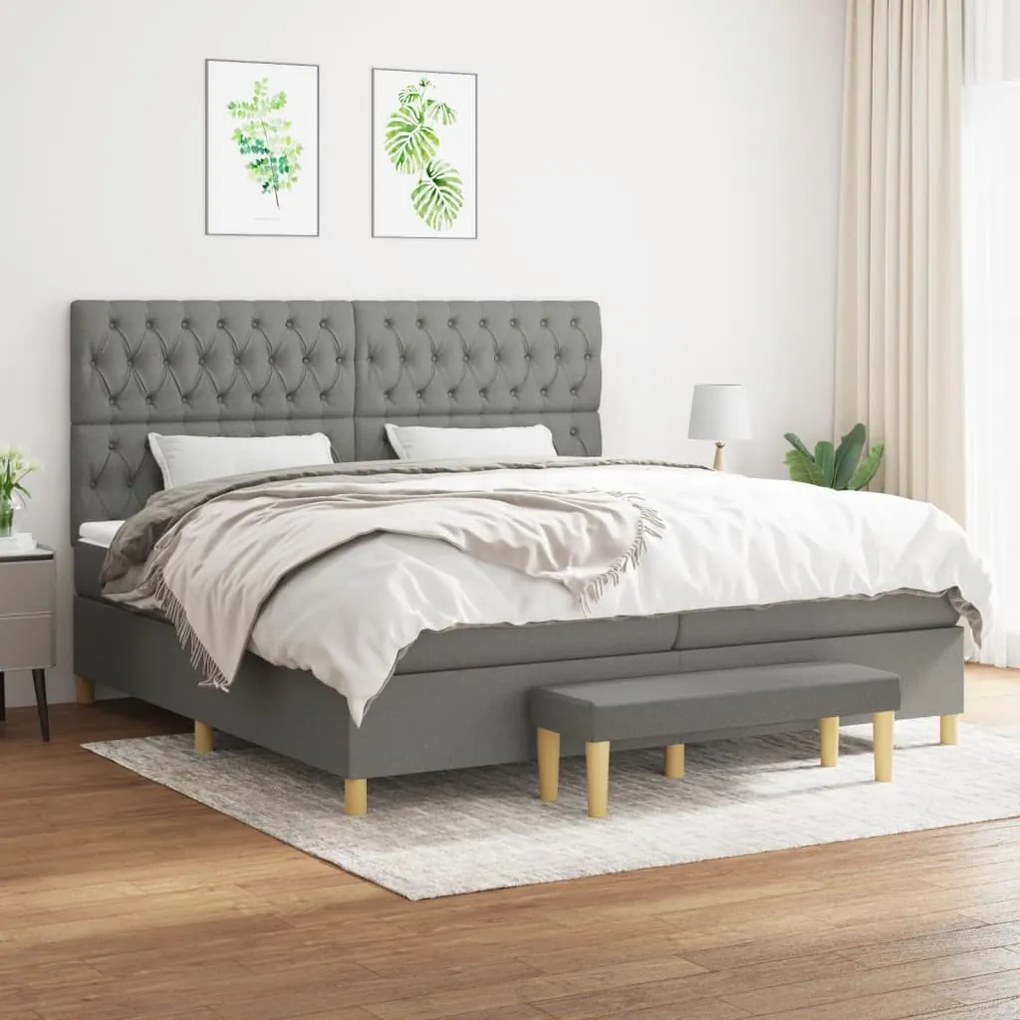 vidaXL Pat box spring cu saltea, gri închis, 200x200 cm, textil