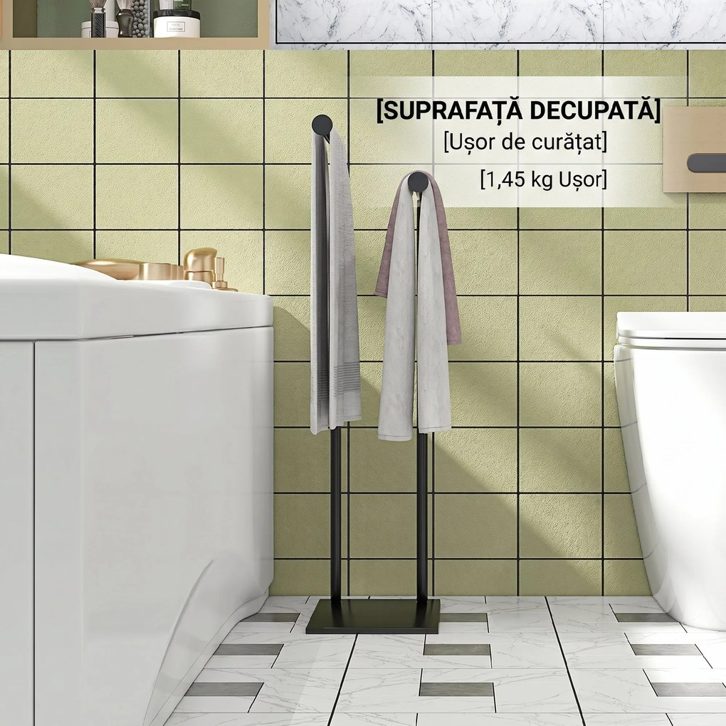 HOMCOM Suport Prosoape cu 2 Brațe, Suport Baie din Metal, 35,5x20x78 cm, Negru | Aosom Romania