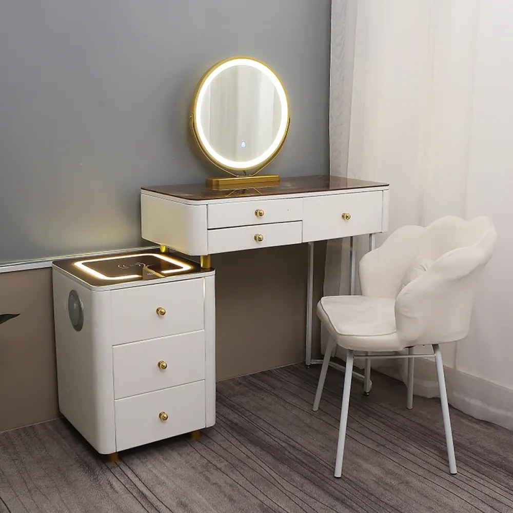 Set OFELIA – Masă de Toaletă pentru Machiaj, Oglindă Iluminată LED, Control Touch, 6 sertare, Comoda, Scaun, Difuzor Bluetooth, Zona încărcare fără fir, Alb, 120x40x78 cm