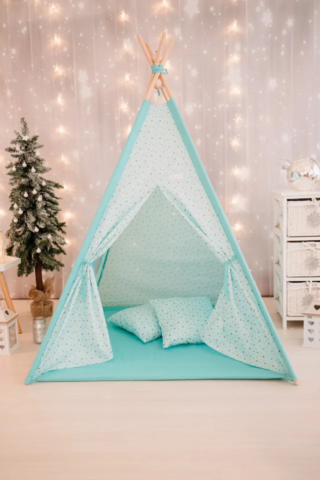 Set Cort de joaca, Gold Stars Teepee Mint, 110 x 110, salteluta, 2 pernite si kit fixare