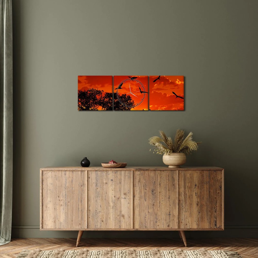 Tablou cu păsări în apus de soare (cu ceas) (90x30 cm)