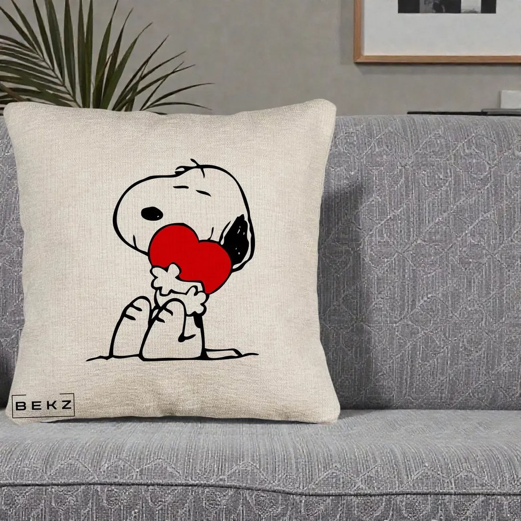Perna Personalizata Snoopy cu Inima, 40x40 cm, Bej Canapea, Husa Detasabila, Perna Inclusa, BEKZ®