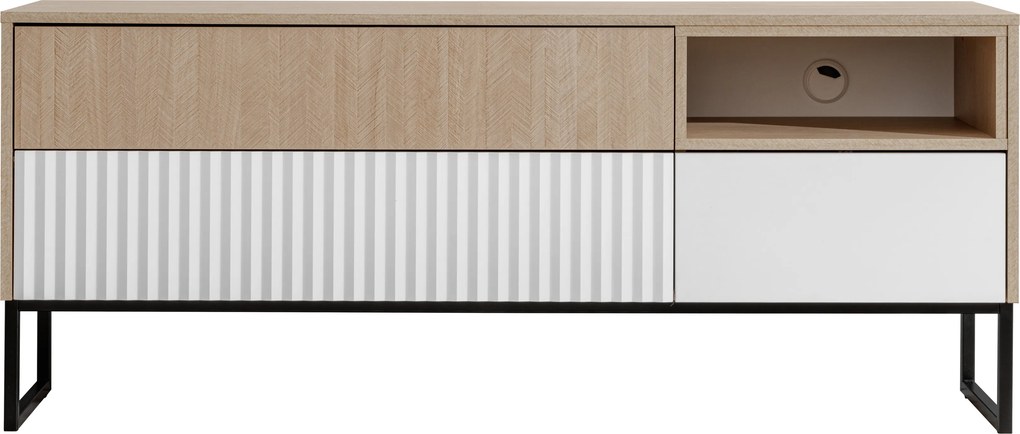 Comodă TV Bliwon 148 cm cu sertare - herringbone scandi/alb mat