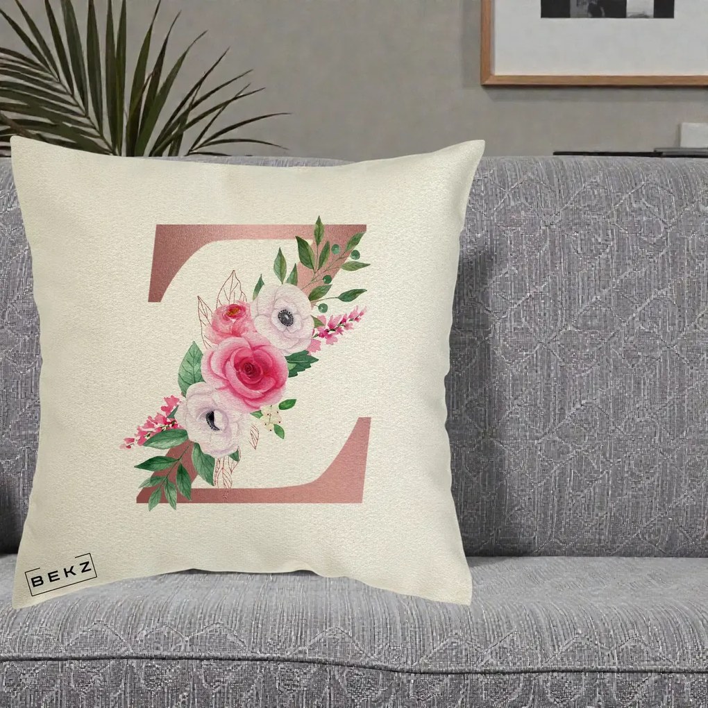 Cadou Personalizat - Perna Personalizata Monograma Rose Gold Litera Z, 40x40 cm, Ecru, Husa Detasabila, Perna Inclusa, BEKZ®