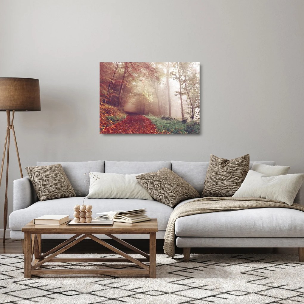 Tablou pe sticlă - Plimbarea de toamnă prin pădure (70x50 cm)