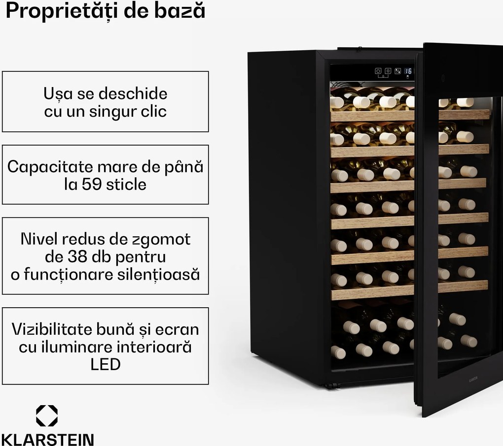 Klarstein Răcitor de vin Rhone 59 Uno, 59 sticle, control LED, împinge pentru a deschide, tăcut