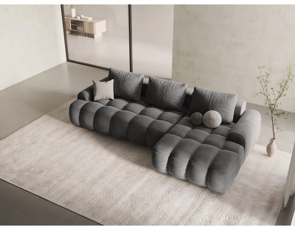 Colțar gri extensibil/cu spațiu de depozitare cu tapițerie din catifea (cu colț pe partea dreaptă/cu șezlong) Linz – Cosmopolitan Design