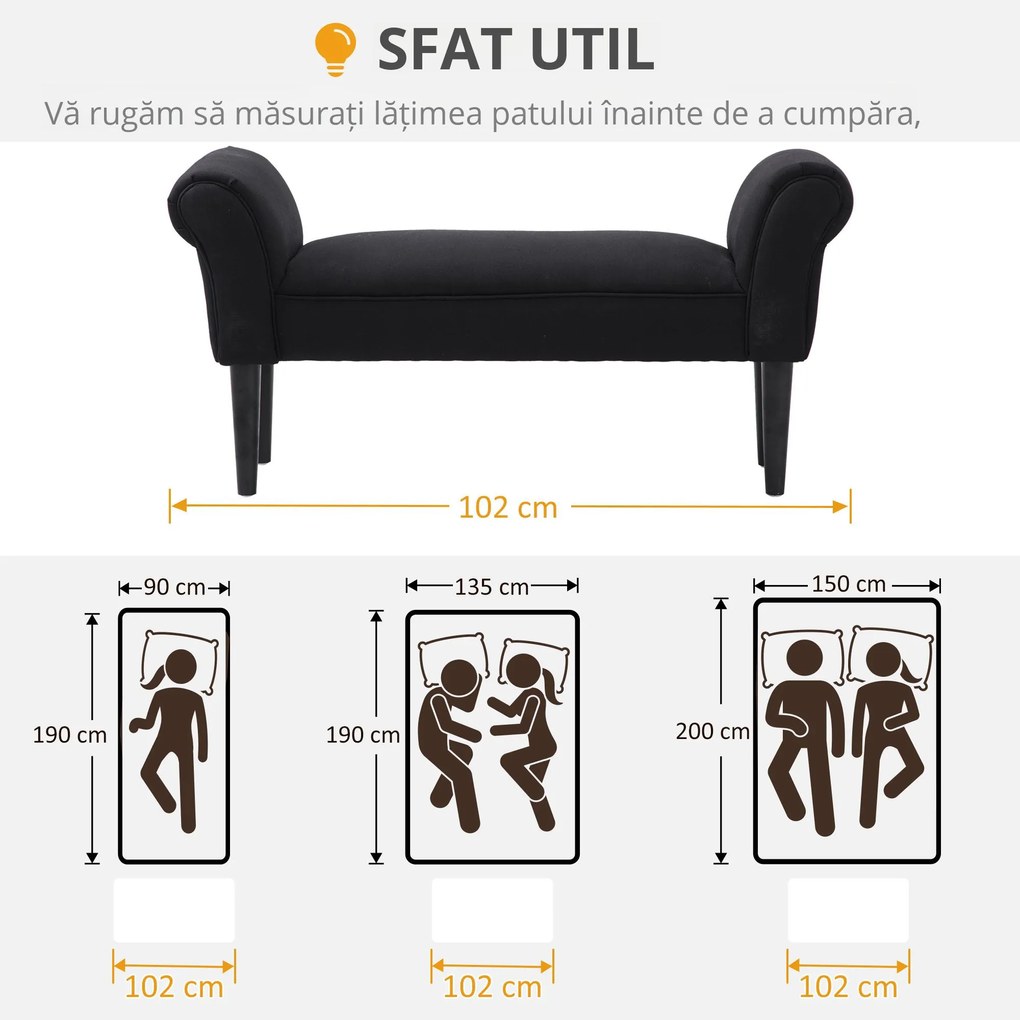 HOMCOM Bancă de Capăt de Pat cu Cotiere Rulate, Bancă Căptușită pentru Dormitor, 102x36x51 cm, Negru | Aosom Romania