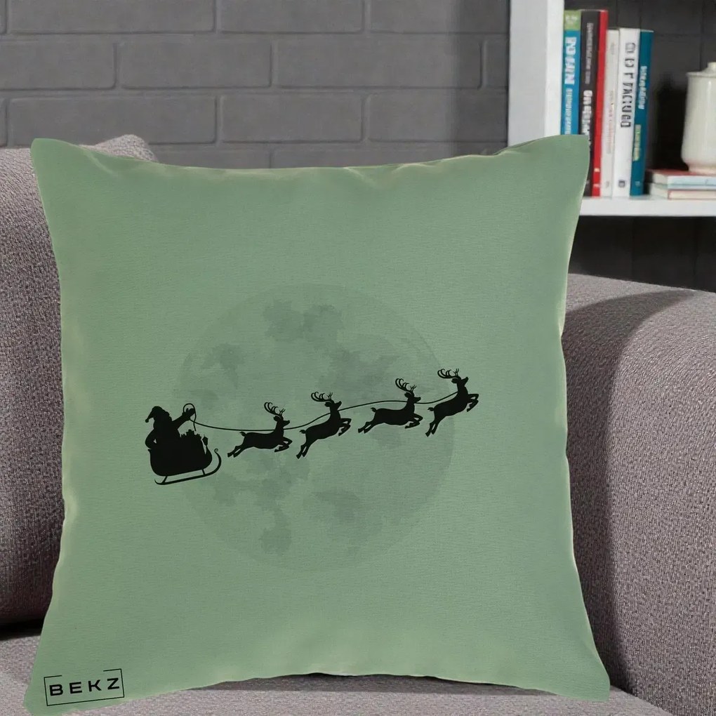 Perna Decorativa Mos Craciun Sanie Luna, 40x40 cm, Verde, Husa Detasabila, Perna Inclusa, BEKZ®