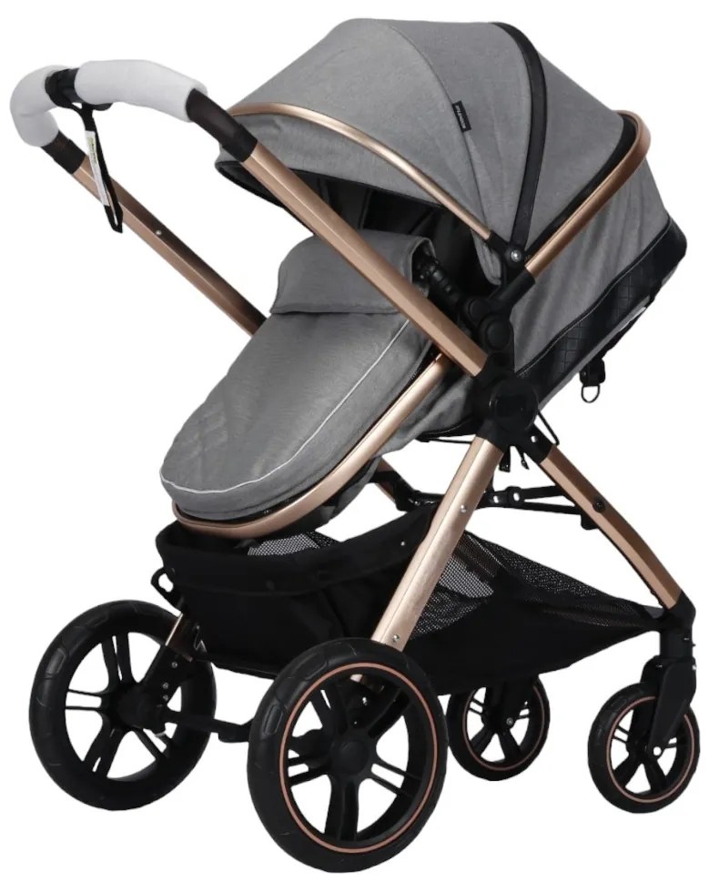 Carucior nou nascuti 2 in 1 NOVOKIDS™ X2000 series, Cu geanta bebe, Cadru Aluminiu Gold, Amortizoare, Roti din cauciuc plin AVE, Landou, Spatar
