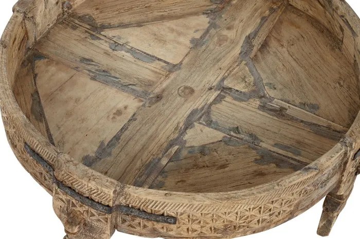 Măsuță de cafea rotundă din lemn masiv sculptat manual, natur, cu blat tip tavă, finisaj natural, 26 x 65 cm, „Bravura” – Ethnic Collections