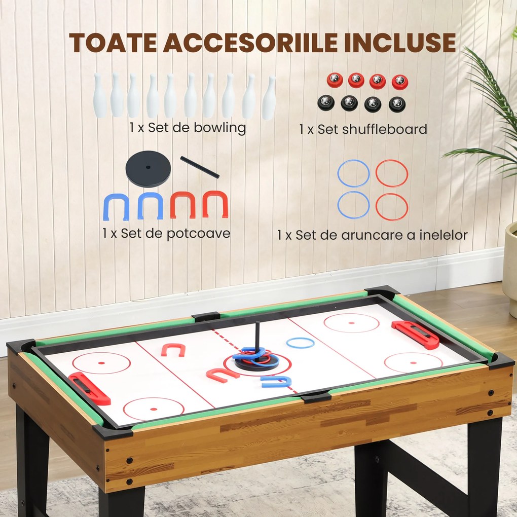 SPORTNOW Masă de Jocuri 13 în 1 cu Fotbal de Masă, Ping Pong, Air Hockey, Biliard, Șah și Altele, Culoare Nuc | Aosom Romania