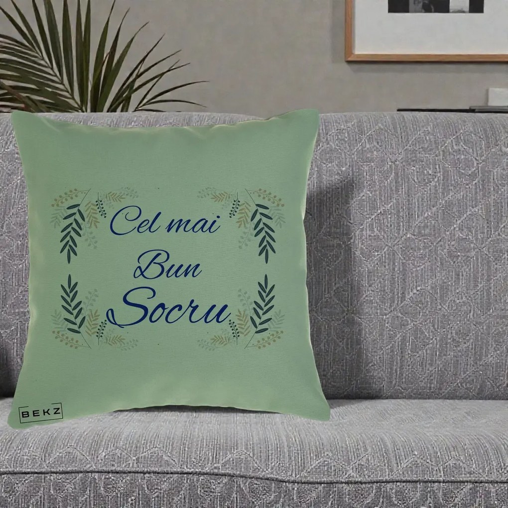 Cadou pentru Socru - Perna Personalizata Cel mai Bun Socru cu Ramuri Frunze Albastre si Aurii, 40x40 cm, Verde, Husa Detasabila, Perna Inclusa, BEKZ®