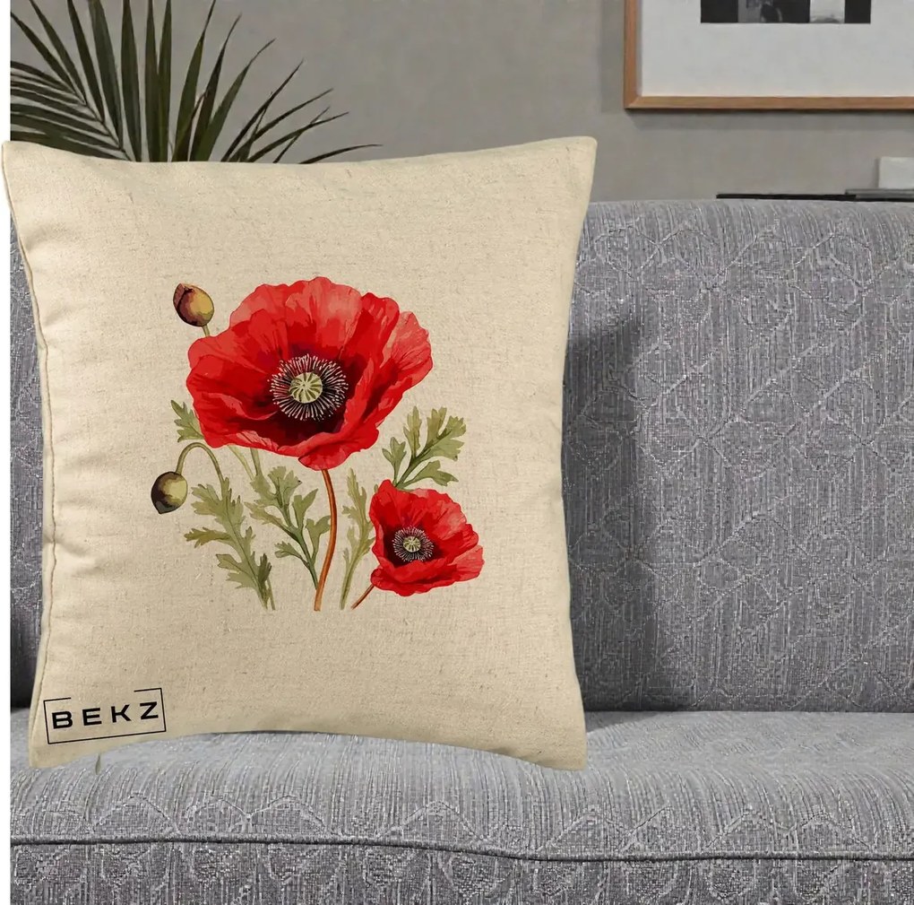 Perna Decorativa Maci Rosii Acuarela, 40x40 cm, Bej, Husa Detasabila, Perna Inclusa, BEKZ®