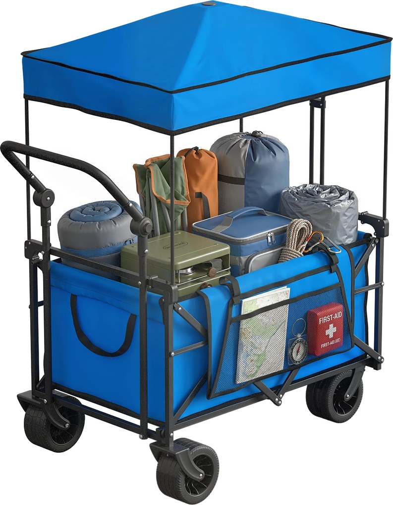 Outsunny Cărucior de grădină pliabil cu roți mari blocabile bară reglabilă suport pentru pahare pentru camping 125x59x133 cm Albastru | Aosom Romania