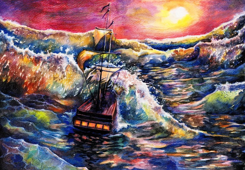 Fototapet - Navă pe valurile oceanului, acuarelă (147x102 cm)