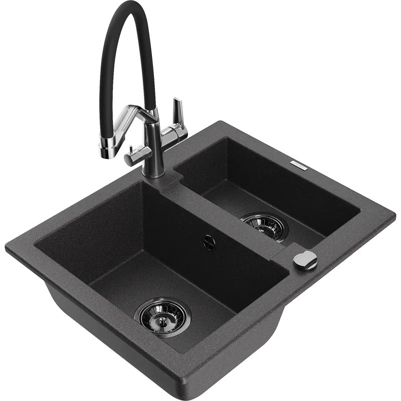Mexen Carlos chiuvetă granit 1,5-camere cu baterie de bucătărie Duo, negru vărgat - 6518-76-671701-07-B