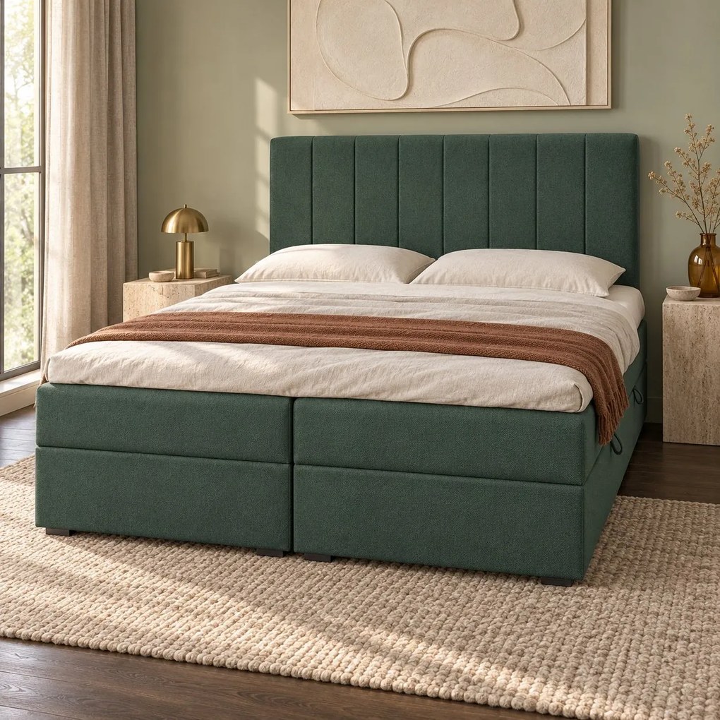 Pat boxspring din catifea Novella cu ladă 180×200 cm, verde