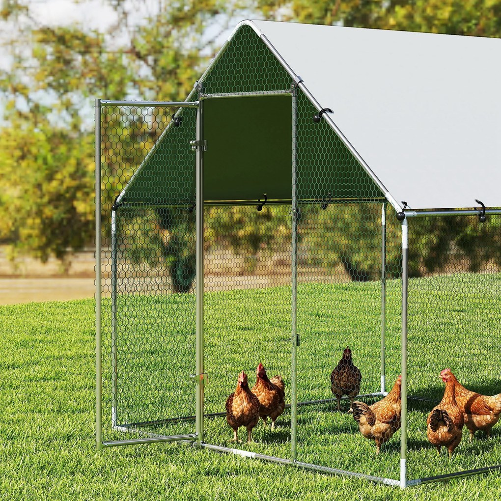 PawHut Coteț pentru Găini de Exterior, 2x2x2m 4 m² Țarc pentru Găini din Oțel Galvanizat cu Acoperiș Impermeabil Anti-UV și Încuietoare, Adăpost pentru 4-6 Găini, Animale Mici, Iepuri și Rațe | Aosom Romania