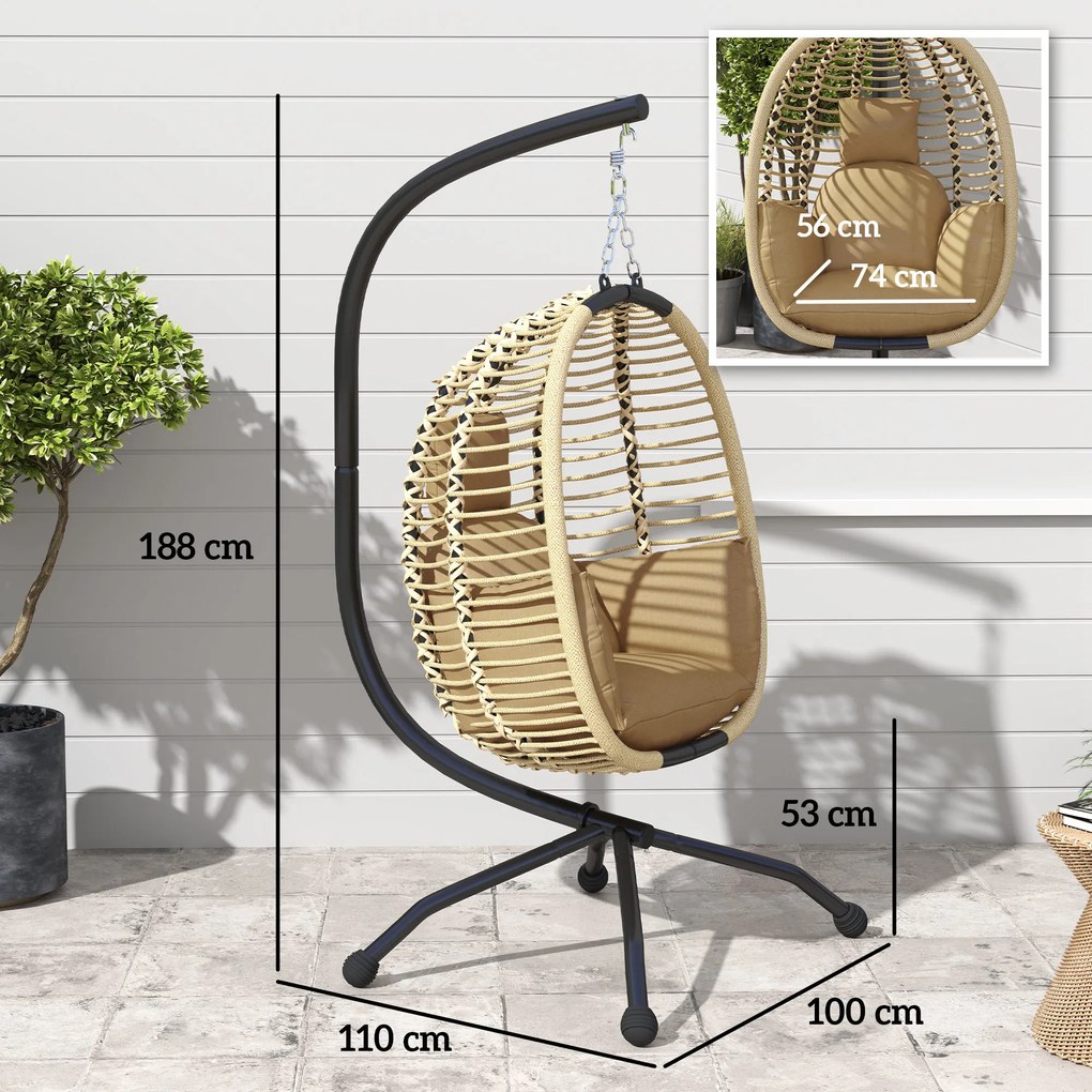 Outsunny Leagăn pentru Exterior cu Pernă Capitonată, Scaun Suspendat pentru Terasă cu Suport Metalic, Cos Pliabil, 110x100x188 cm, Gri | Aosom Romania