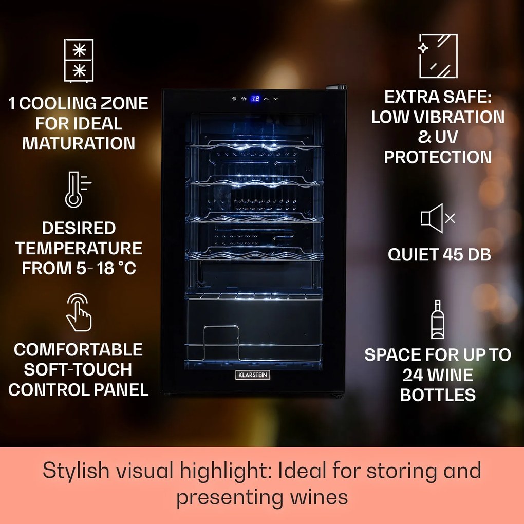 Klarstein Shiraz 24 Uno, vinotecă, 67 l, 24 de sticle, tactilă, 5 - 18 °C, neagră
