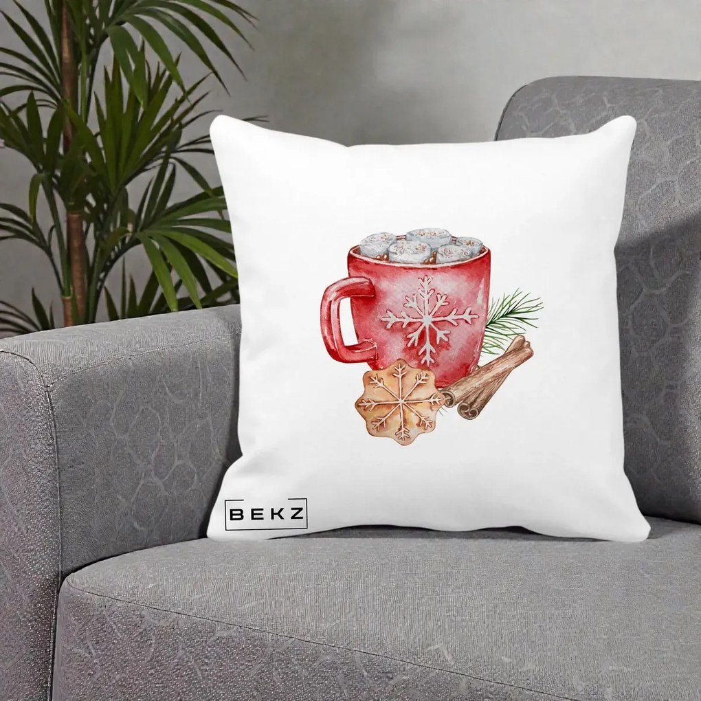 Perna Decorativa Cacao de Iarna cu Biscuit, 40x40 cm, Alba Mata, Husa Detasabila, Perna Inclusa, BEKZ®