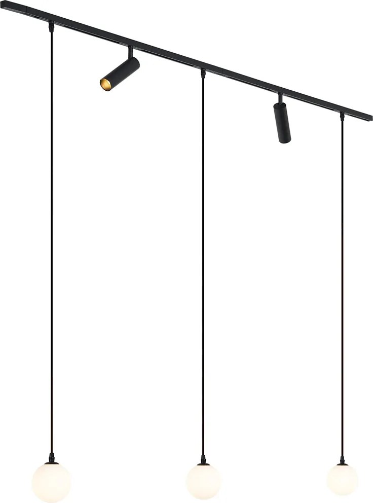 Sistem de iluminat pe șină modern negru cu 2 spoturi și 3 lumini suspendate monofazate - Slimline Uzzy Eira