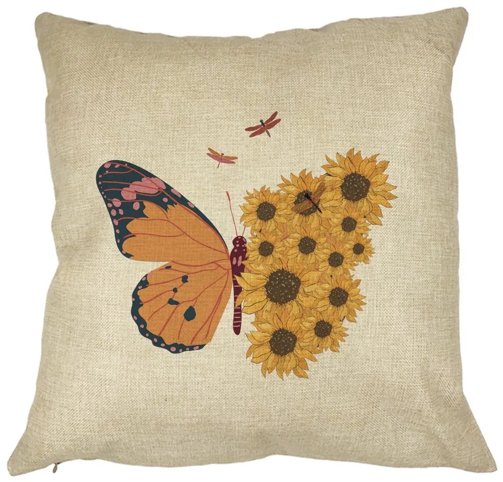 Perna Decorativa, SunFlower Butterfly, 40x40 cm, Husa Detasabila, Burduf