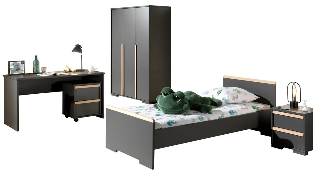 Set mobilier copii LONDON, pat 90x200 cm cu sertar depozitare / pat suplimentar + noptieră 2 sertare soft-close + dulap 2 uși cu rafturi și bară +