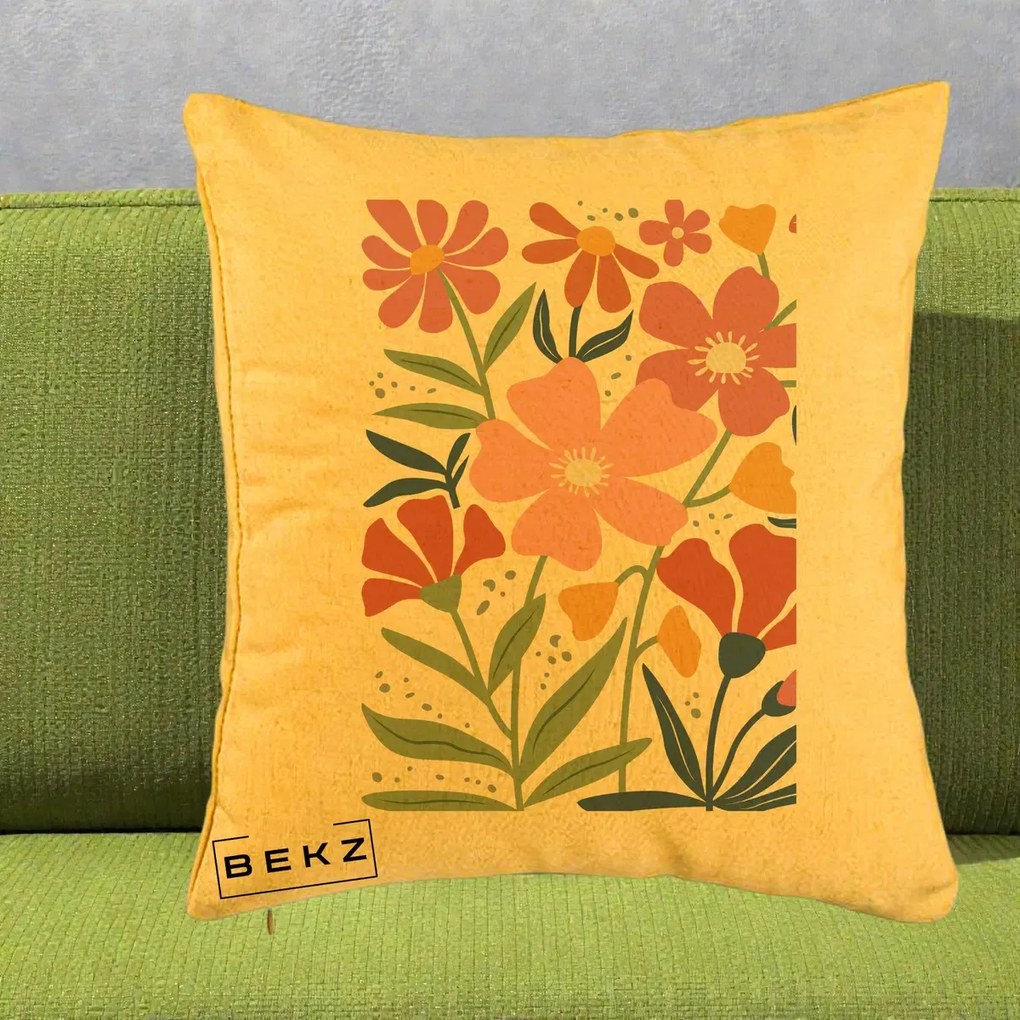 Perna Decorativa Flori Grafice Roz si Terracotta, 40x40 cm, Galben, Husa Detasabila, Perna Inclusa, BEKZ®