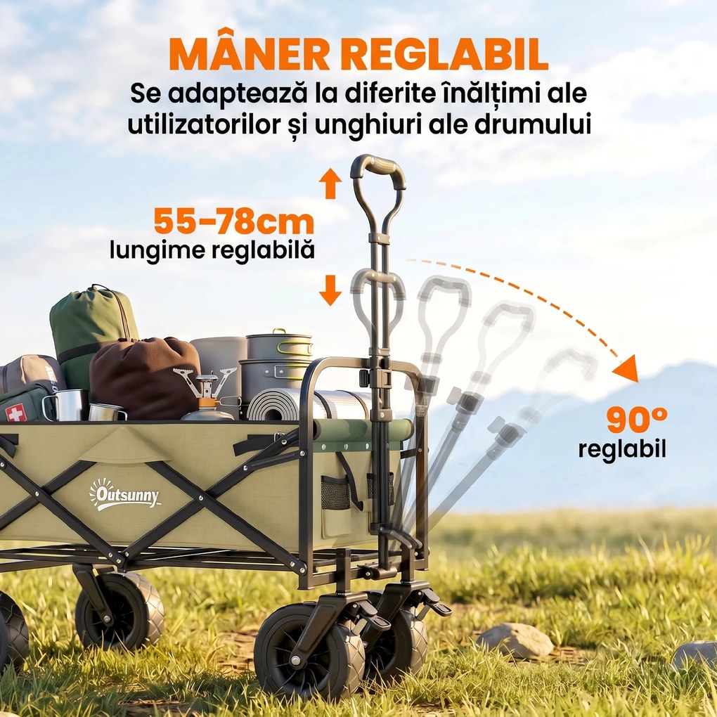 Outsunny Cărucior de Exterior Pliabil, Rezistent pentru Camping, cu Ușă în Spate Deschidere și Maner Telescopic | Aosom Romania