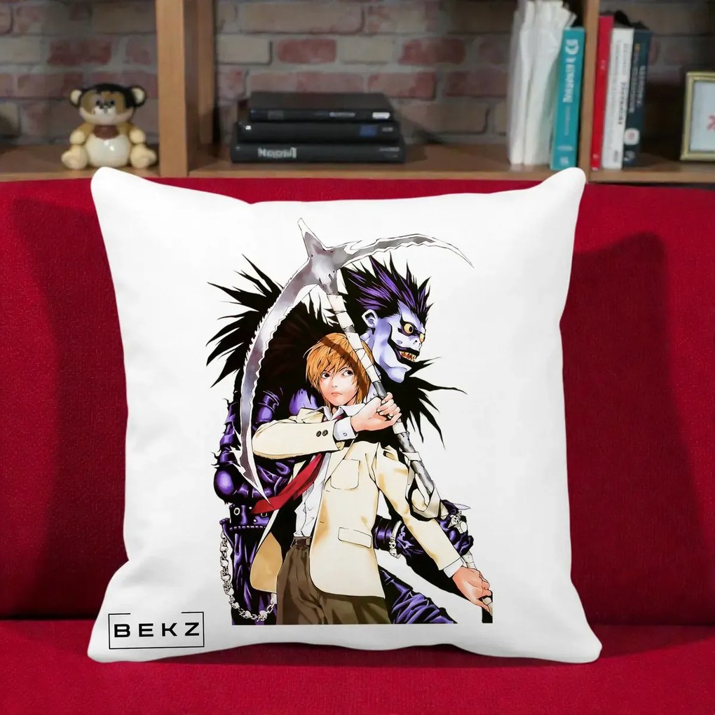 Perna Personalizata Death Note Light si Ryuk Duo, 40x40 cm, Alba Mata, Husa Detasabila, Perna Inclusa, BEKZ®