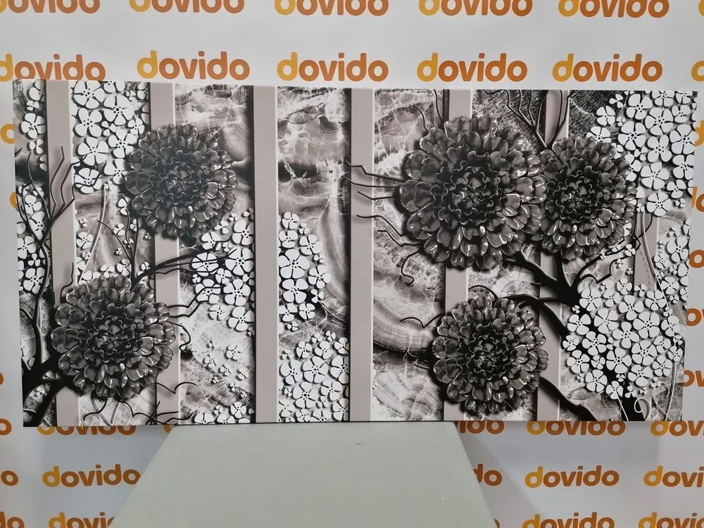 Tablou flori abstracte pe fundal din marmură alb-negru