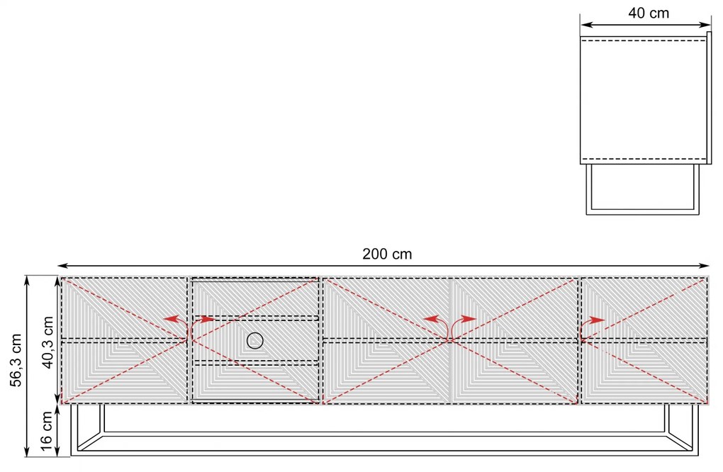 Comodă TV cu fronturi striate Asha 200 cm cu cadru metalic - negru mat