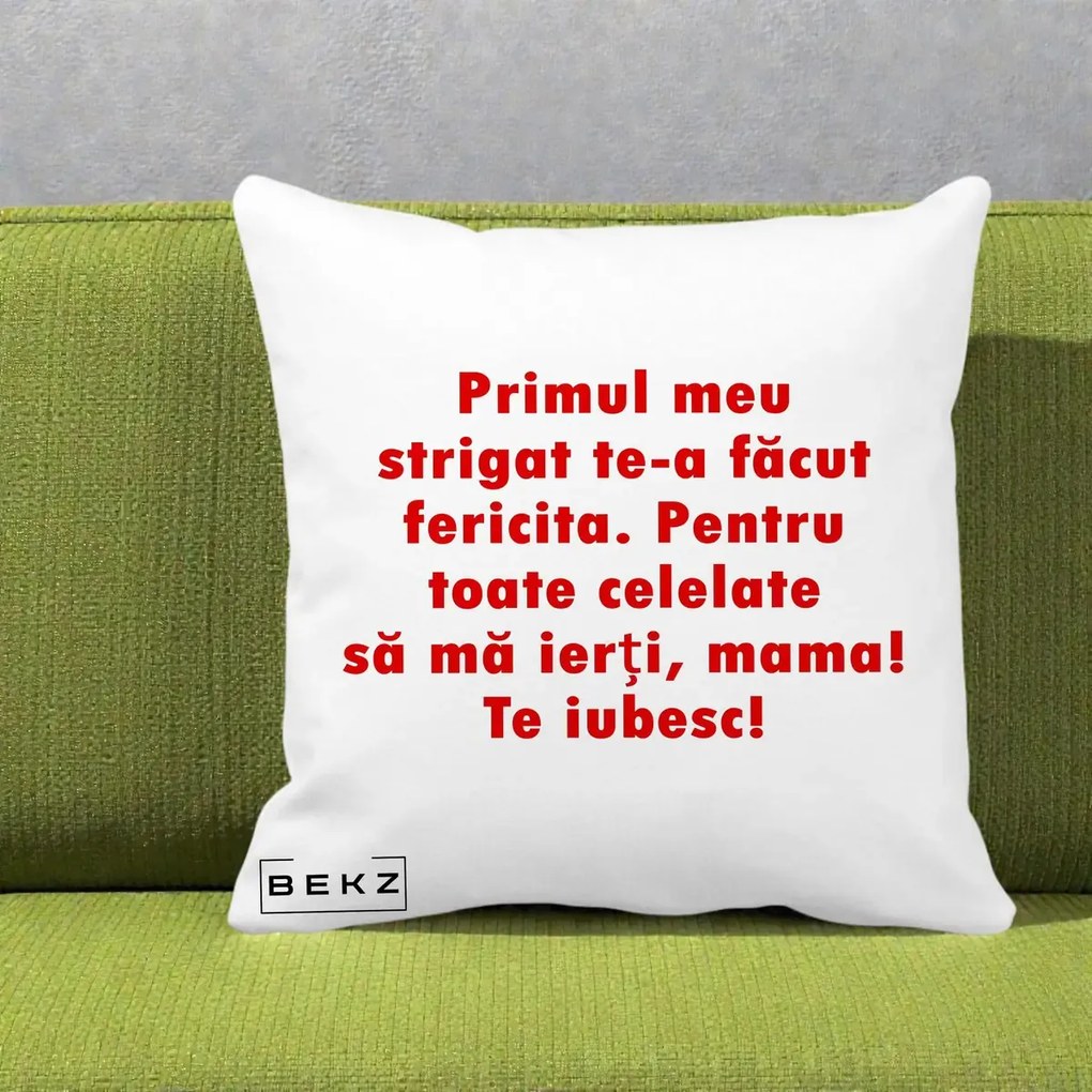 Cadou pentru Mama - Perna Personalizata Primul Strigat Mama, 40x40 cm, Alba Mata, Husa Detasabila, Perna Inclusa, BEKZ®