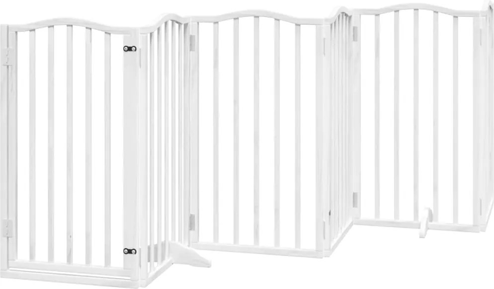 vidaXL Poartă câini pliabilă cu ușă, 6 panouri, alb, 300 cm, lemn plop