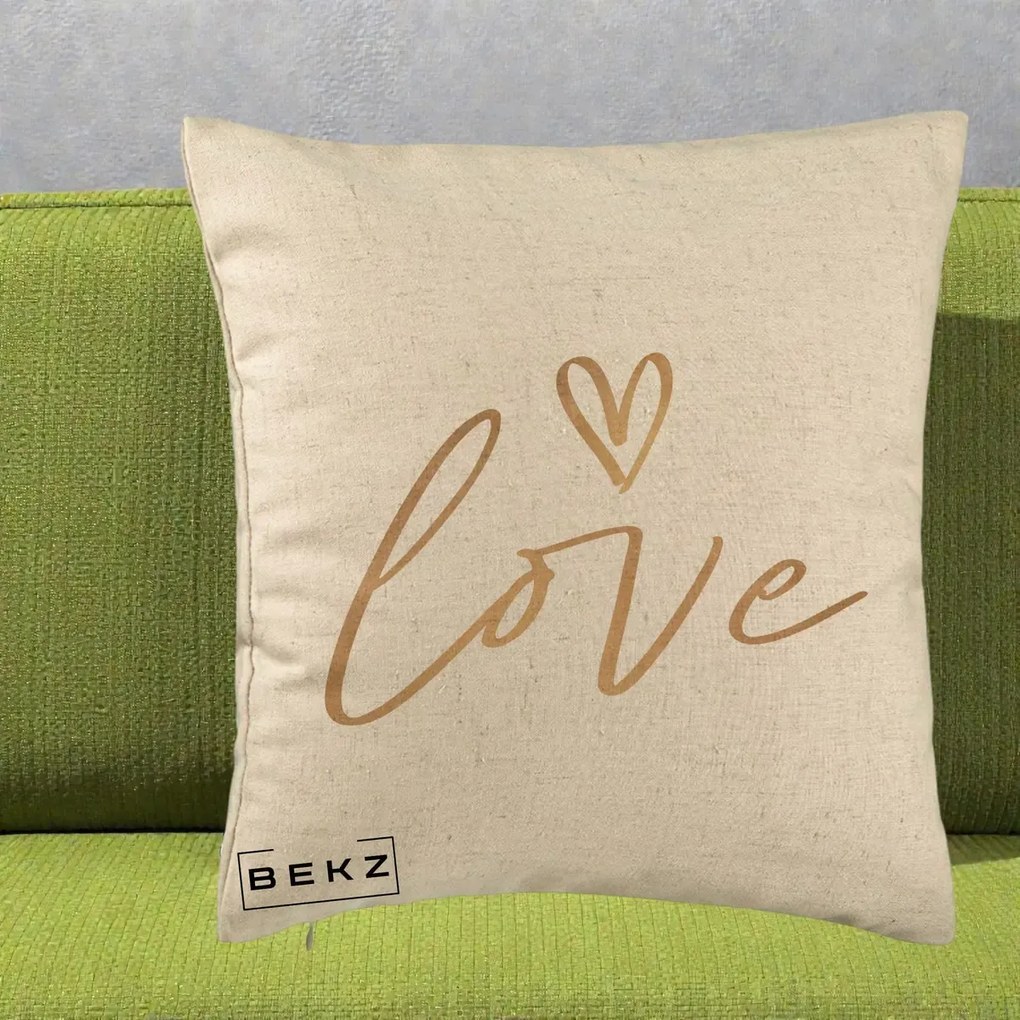 Perna Decorativa Love Caligrafie Aurie, 40x40 cm, Bej, Husa Detasabila, Perna Inclusa, BEKZ®